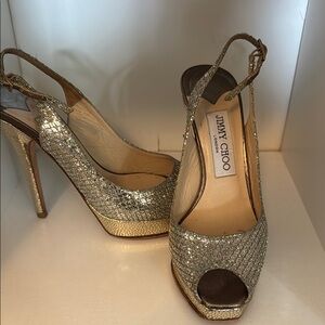 Jimmy Choo Gold Stiletto Peep-Toe Heels